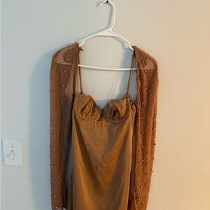 Oh Polly Elegant Brown Dress with Beaded Shawl